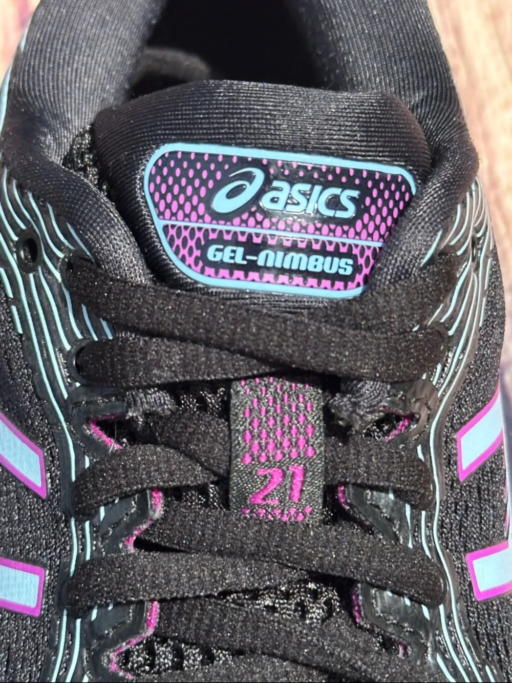 ASICS Women's Black with baby blue & Purple Athletic Running Shoes - Picture 7 of 8
